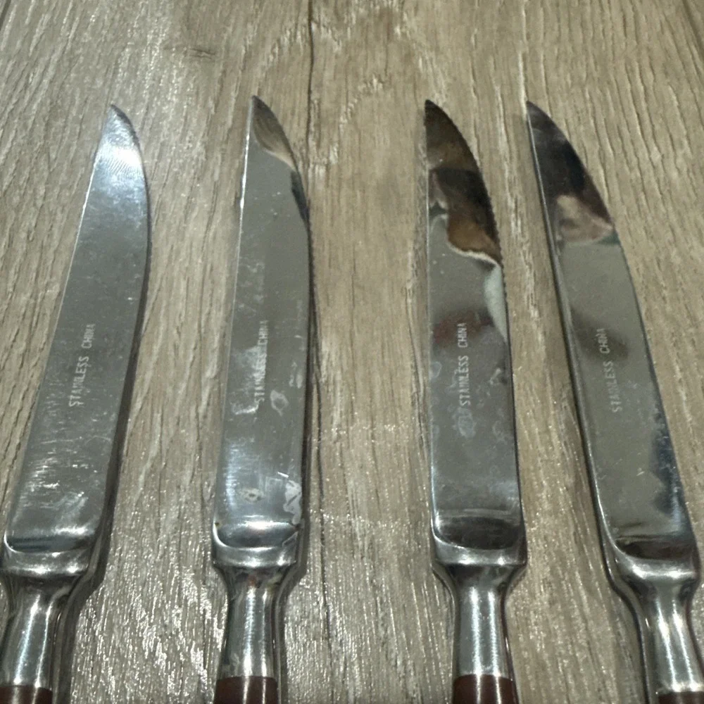Chefs Dinner Steak Knives Stainless Steel Bistro Woodgrain‎ Brown Set of 4